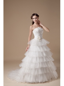Beautiful A-line Strapless Wedding Dress Taffeta and Organza Hand Made Flower and Appliques Brush Train