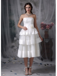 Beautiful Empire Strapless Short Wedding Dress Organza Hand Made Flower Tea-length