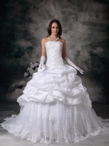 Custom Made Ball Gown Wedding Dress Lace Brush Train Pich-ups
