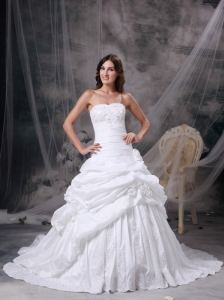 Custom Made White A-line Strapless Wedding Dress Taffeta Appliques and Hand Made Flowers Court Train