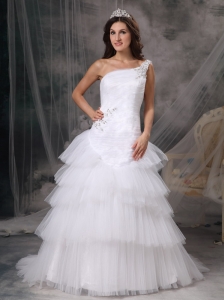 Customize A-line One Shoulder Wedding Dress Tulle Beading Court Train