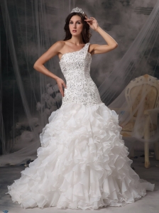Luxurious A-line One Shoulder Wedding Dress Organza and Lace Beading Court Train