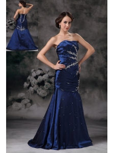 Exclusive Royal Blue Mermaid Strapless Evening Dress Taffeta Appliques Brush Train