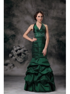 Exquisite Dark Green Mermaid Halter Evening Dress Taffeta Beading Floor-length