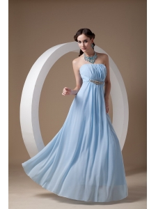 Light Blue Elegant Bridesmaid Dress Empire Strapless Chiffon Beading and Ruch Floor-length