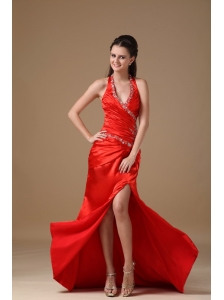 2013 Red Halter Top Prom Dress with Beading