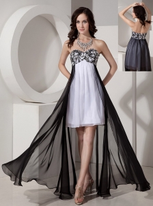 Cheap Black and White Chiffon Prom Dress with Appliques and Beading