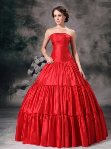 Custom Made Red Ball Gown Strapless Quinceanera Dress Taffeta Ruch Floor-length