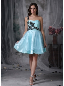 Customize Aqua Blue A-line One Shoulder Short Prom Dress with Black Appliques