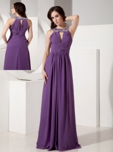 Discount Dark Purple Empire Scoop Neck Evening Dress Chiffon Beading Floor-length