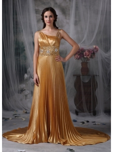 Gorgeous Gold Empire Asymmetrical Evening Dress Elastic Woven Satin Beading Brush Train