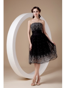 Low price Black A-line Prom Dress Strapless Organza Embroidery Tea-length