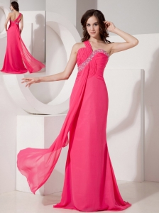 Popular Hot Pink Column Evening Dress One Shoulder  Chiffon Beading Floor-length