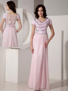 Simple Baby Pink Empire V-neck Evening Dress Chiffon Beading Floor-length
