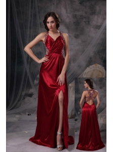 Wine Red Empire V-neck Prom Dress Beading and Ruch Taffeta