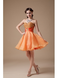 Cheap Orange Red A-line Sweetheart Prom Dress Organza Beading Mini-length