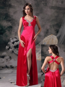 Sexy Coral Red Evening Dress Column V-neck  Elastic Woven Satin Beading and Ruch Floor-length
