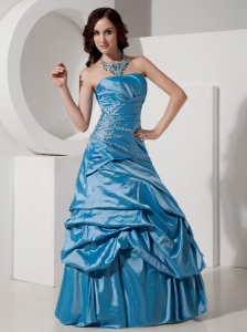 Sky Blue A-Line / Princess Strapless Prom Dress Taffeta Beading Floor-length
