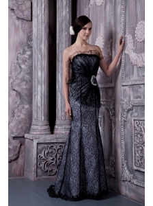 Beautiful Black Mermaid Strapless Evening Dress Organza Beading Floor-length