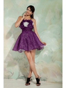 Lovely Dark Purple A-line / Princess Prom / Homecoming Dress Strapless Organza Hand Made Flowers Mini-length