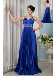2013 Royal Blue Prom / Celebrity Dress Empire Halter Elastic Woven Satin Beading Brush Train