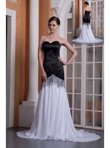 Custom Made White and Black Evening Dress Column Sweetheart Chiffon Sequins Brush Train