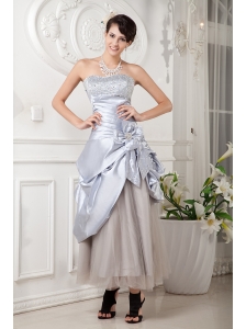 Customize Silver Column Strapless Prom Dress Satin and Tulle Beading Ankle-length