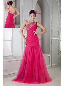 Latest Coral Red Mermaid Prom Dress One Shoulder Beading Floor-length Tulle