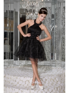 Modest Black A-line / Princess Prom / Homecoming Dress Halter Organza Beading and Ruch Mini-length