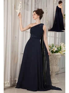 Navy Blue Mother Of The Bride Dress Empire One Shoulder Watteau Train Chiffon Beading