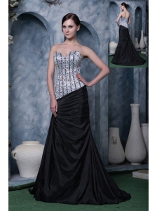 Silver and Black Evening Dress A-line Sweetheart Elastic Woven Satin Beading Brush Train