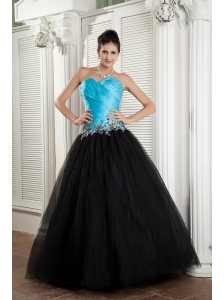 The Brand New Style Baby Blue and Black A-line Sweetheart Prom Dress Tulle Appliques Floor-length