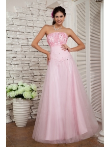 Beautiful Baby Pink A-line Strapless Prom / Evening Dress Tulle Beading Floor-length