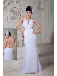 Custom Made White Empire V-neck Prom Dress Chiffon Ruch Brush Train