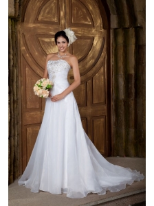 Customize A-line Strapless Wedding Dress Organza Embroidery Court Train