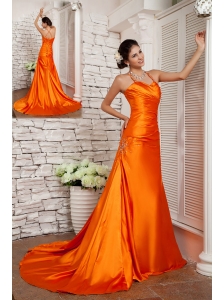 Customize Orange Red A-line Straps Prom / Evening Dress Elastic Woven Satin Beading Brush Train