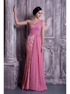 Exclusive Rose Pink Column Prom Dress One Shoulder Beading Chiffon Floor-length