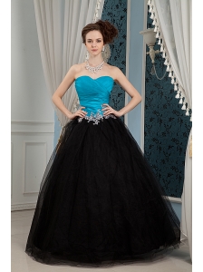 Inexpensive Blue and Black Prom Dress A-line Sweetheart  Beading Floor-length Organza and Tulle