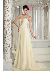 Light Yellow 2013 Prom Dress Empire Sweetheart Chiffon Beading Brush Train