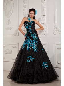 Pretty Black A-line / Princess Prom Dress Sweetheart  Beading and Appliques Floor-length Chiffon