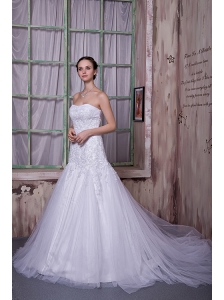 Custom Made A-line Strapless Wedding Dress Taffeta and Tulle Appliques Court Train