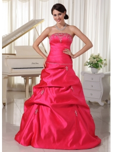 Custom Made Taffeta Coral Red A-line Appliques With Beading Plus Size Prom Dress With Pick-ups