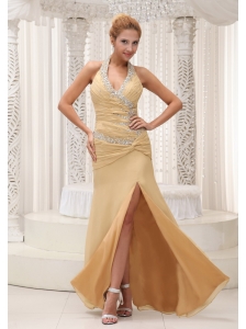 High Slit Beaded Decorate Halter Ruched Bodice Custom Made Champagne Prom / Evening Dress For 2013