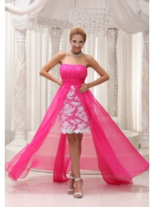 Hot Pink High-low Prom Dress For 2013 Ruched Bodice Chiffon Strapless Lace
