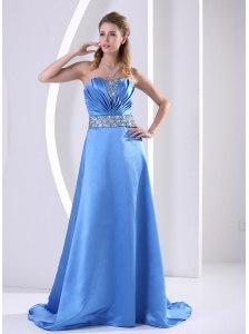 Sky Blue 2013 Plus Size Prom / Evening Dress With Beading and Ruch A-line Sweep Train Satin