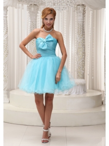 Aqua Blue A-line Prom Dress For 2013 Taffeta and Organza Ruched Bodice Mini-length