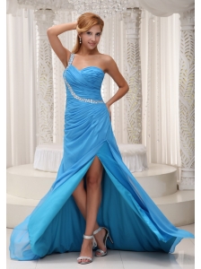 Baby Blue One Shoulder Prom / Evening Dress For 2013 Brush Train Chiffon Beading