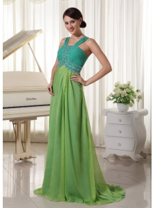 Brush Train Chiffon Straps Beading and Ruch Prom Dress Teal and Spring Green
