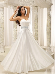 Elastic Woven Satin Sweetherat Beach Wedding Dress Beaded Decorate Waist Floor-length