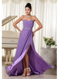 Lilac High Slit With Beaded Decorate Waist Sweetheart Custom Made Prom Dress